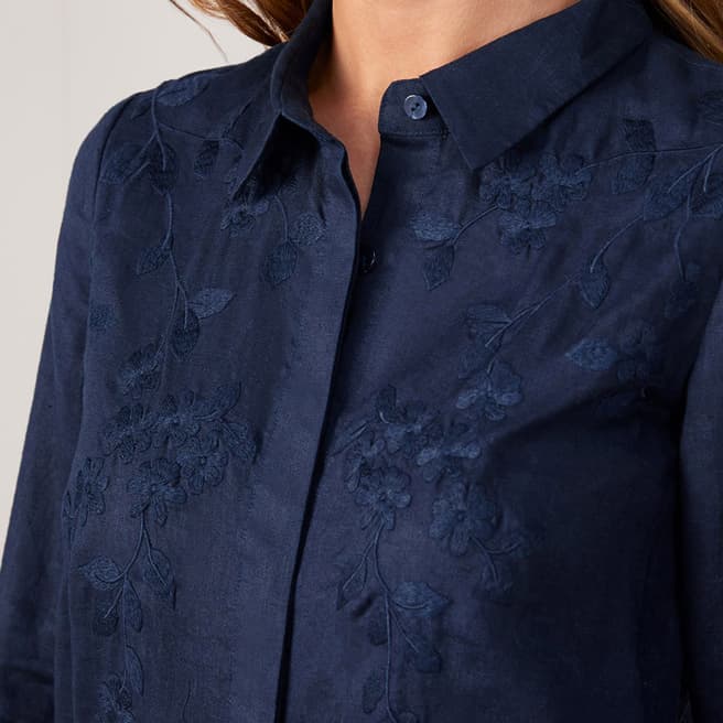 French Navy Embroidered Linen Shirt - BrandAlley
