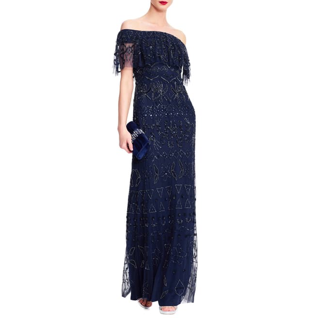 Navy Off The Shoulder Beaded Gown - BrandAlley