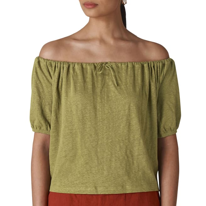 Olive Drawstring Bardot Linen Top Brandalley