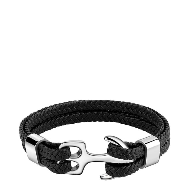 Silver Plated Anchor Black Leather Bracelet - BrandAlley