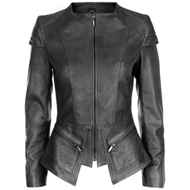 Black Peplum Waist Leather Jacket - BrandAlley
