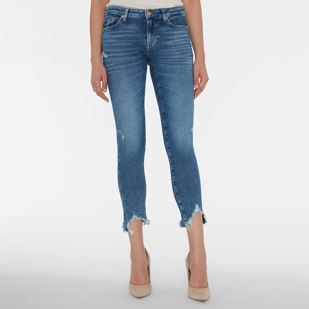 Mid Blue Pyper Stretch Cropped Ripped Hem Jeans