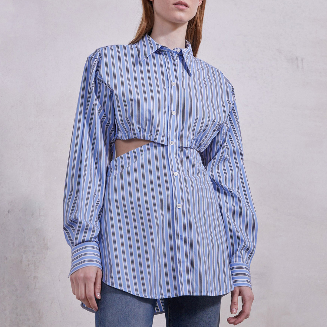 Blue Gathered Cotton Cut-Out Shirt