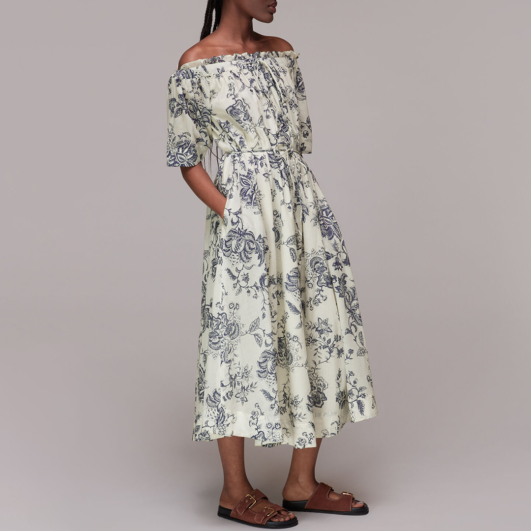 Cream Bardot Floral Cotton Dress