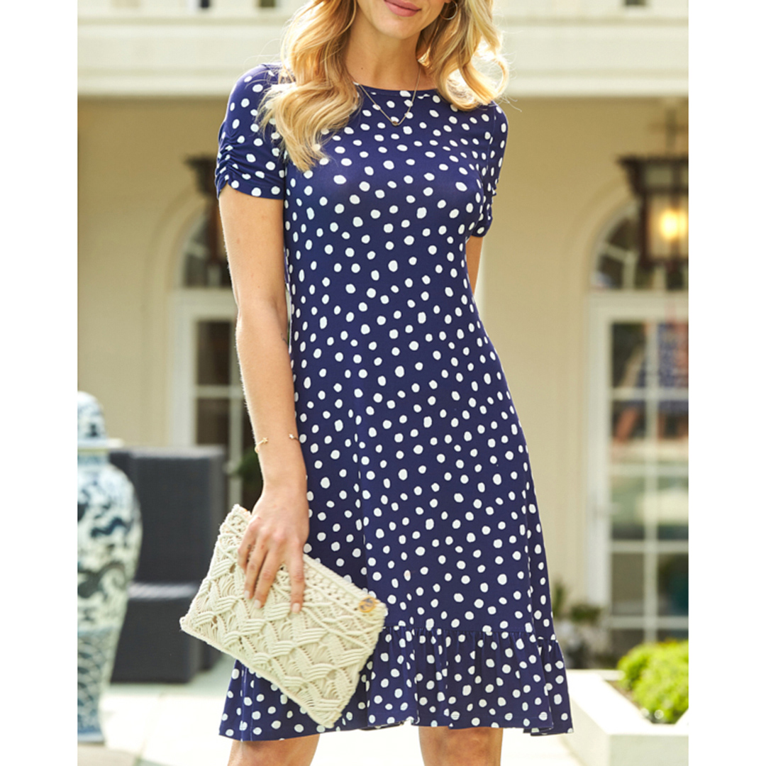 Navy &amp; White Spot Print Ruched Sleeve Jersey Shift Dress