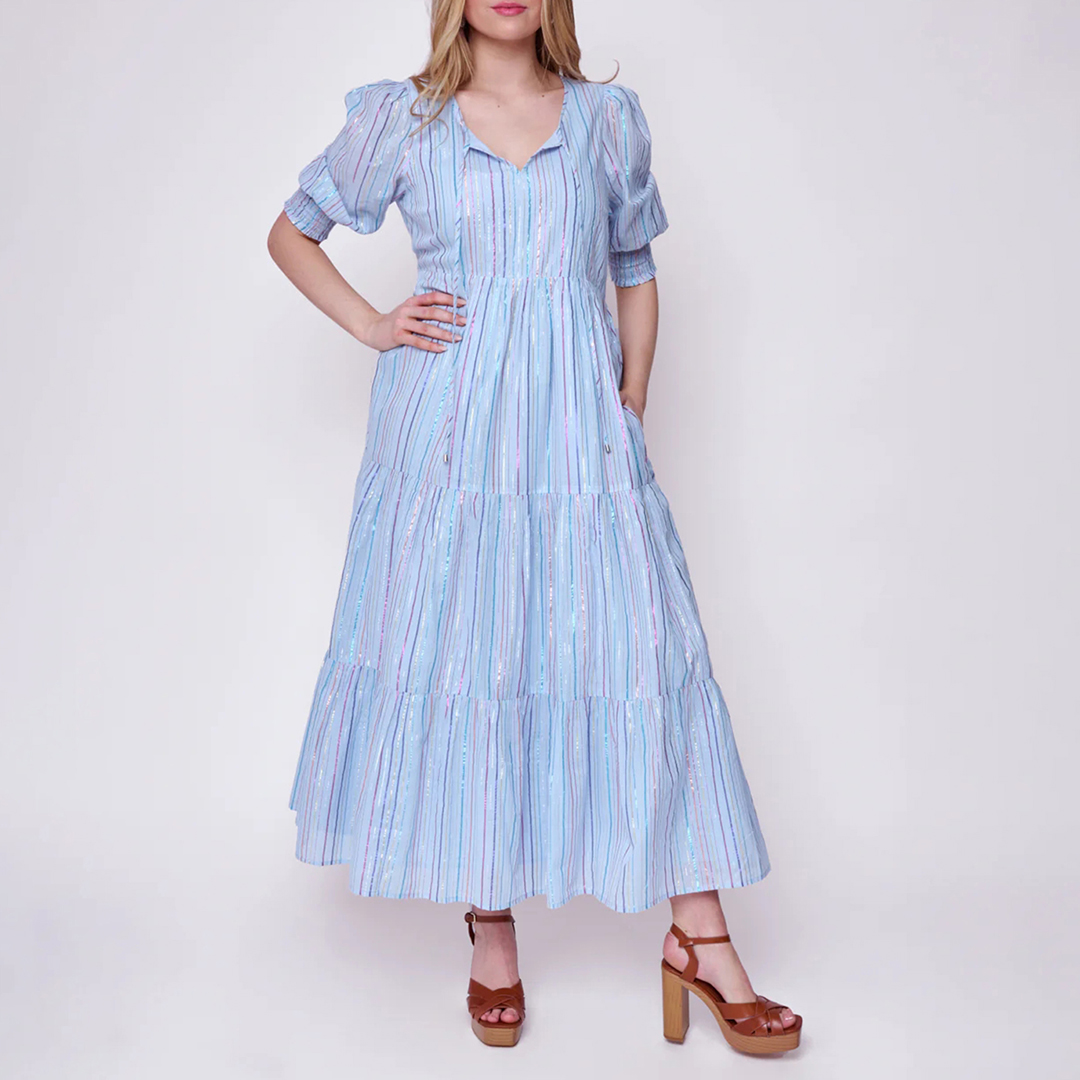 Blue Tiered Cotton Blend Midi Dress