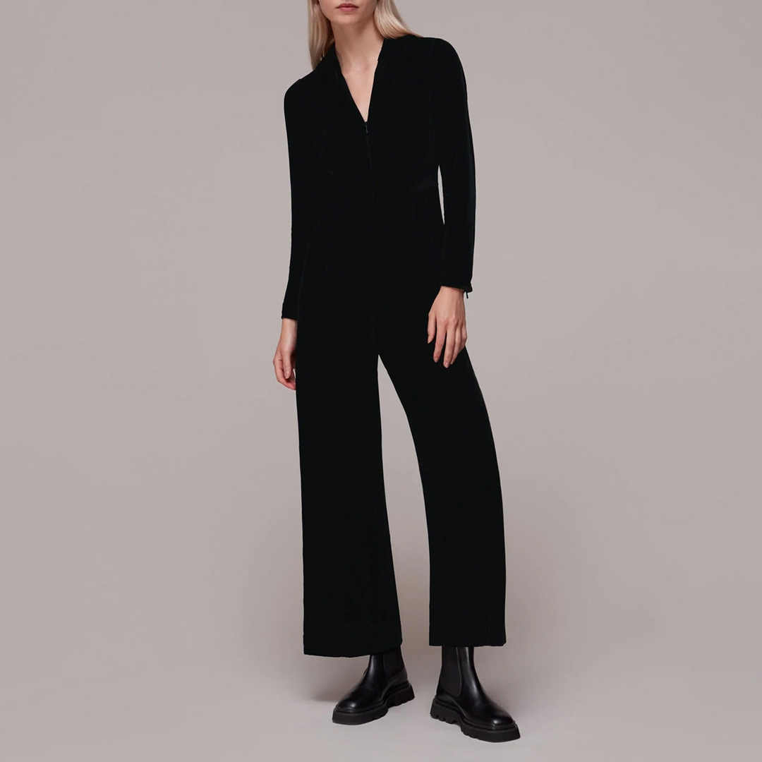 Black Velvet Zip Front Jumpsuit