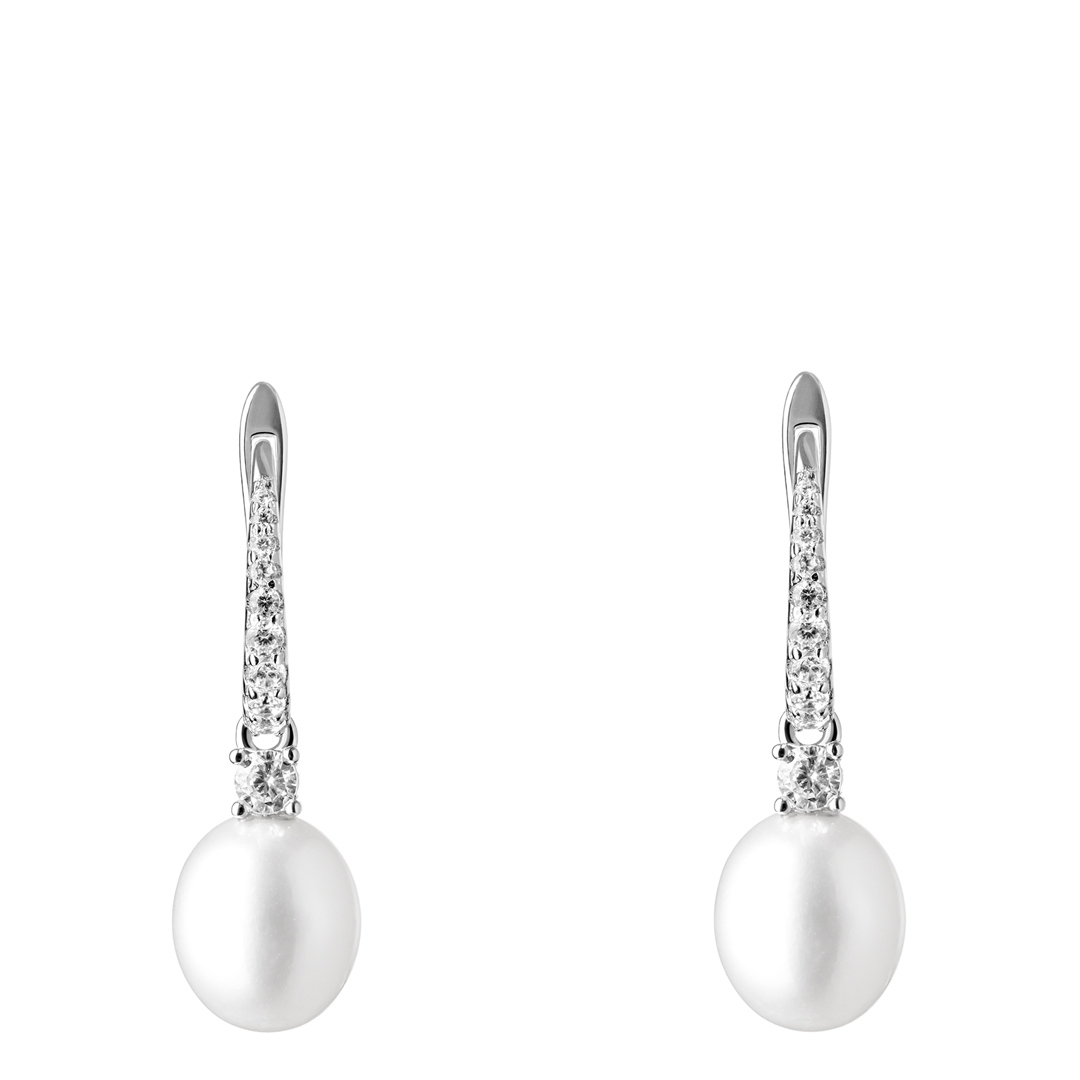 Silver Cubic Zirconia Pearl Earrings 8.5-9mm