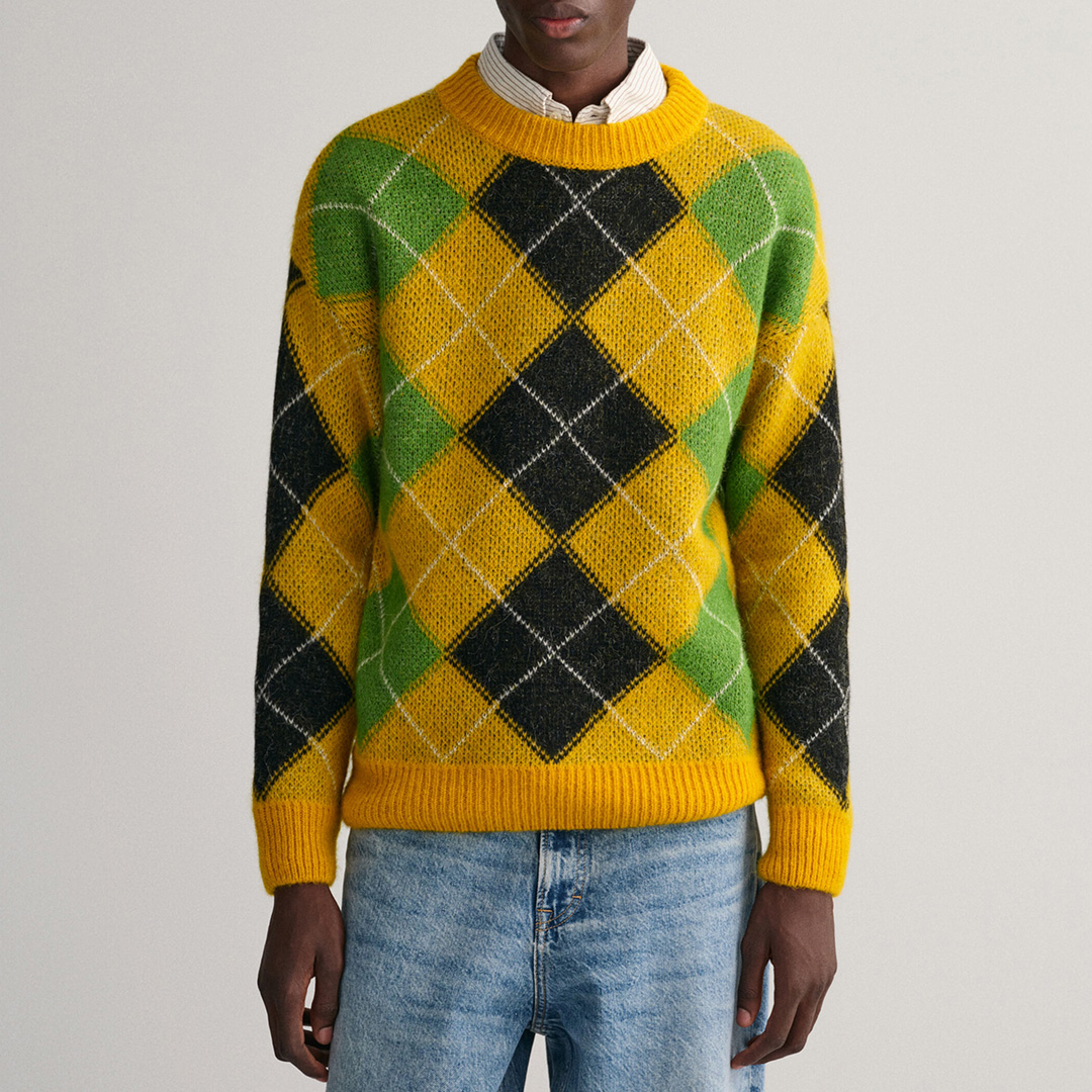 Yellow Furry Argyle Wool Blend Jumper