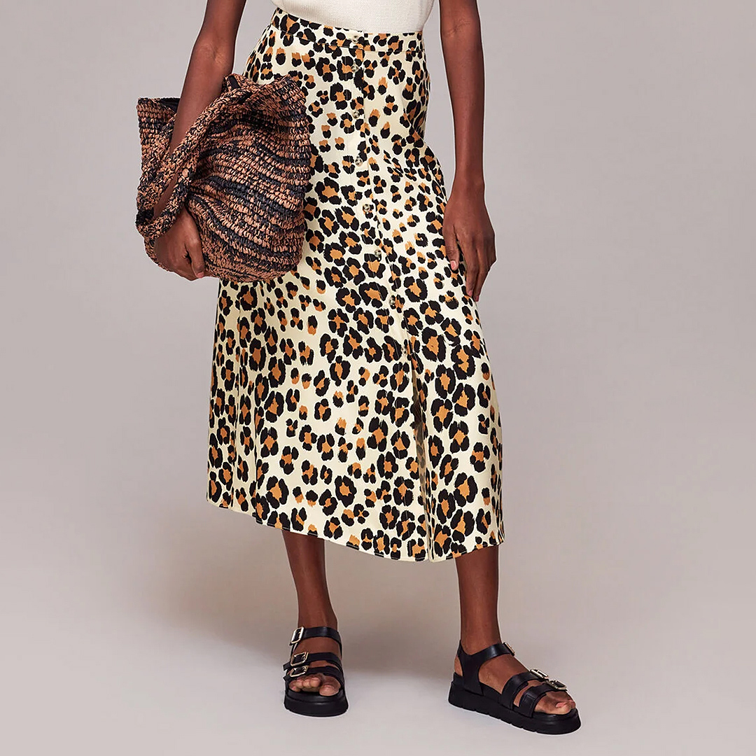 Brown Animal Print Button Skirt