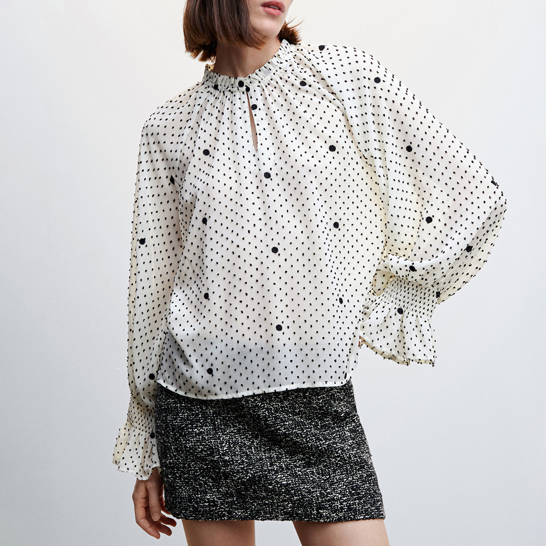 Off White Embroidered Polka-Dot Blouse