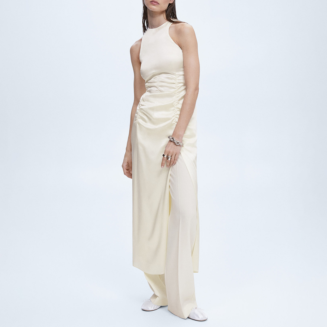 Off White Satin Draped Dress