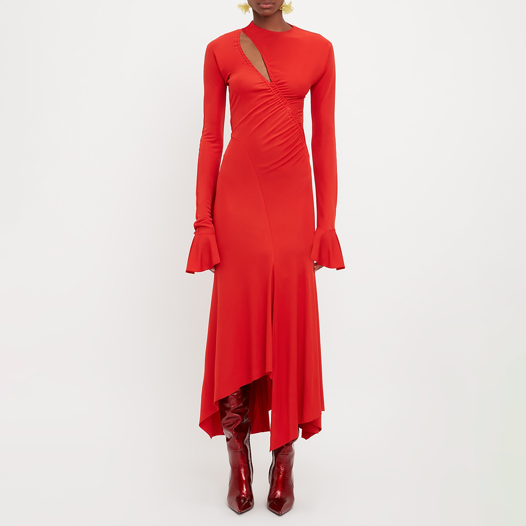 Red Asymmetric Slash Jersey Dress