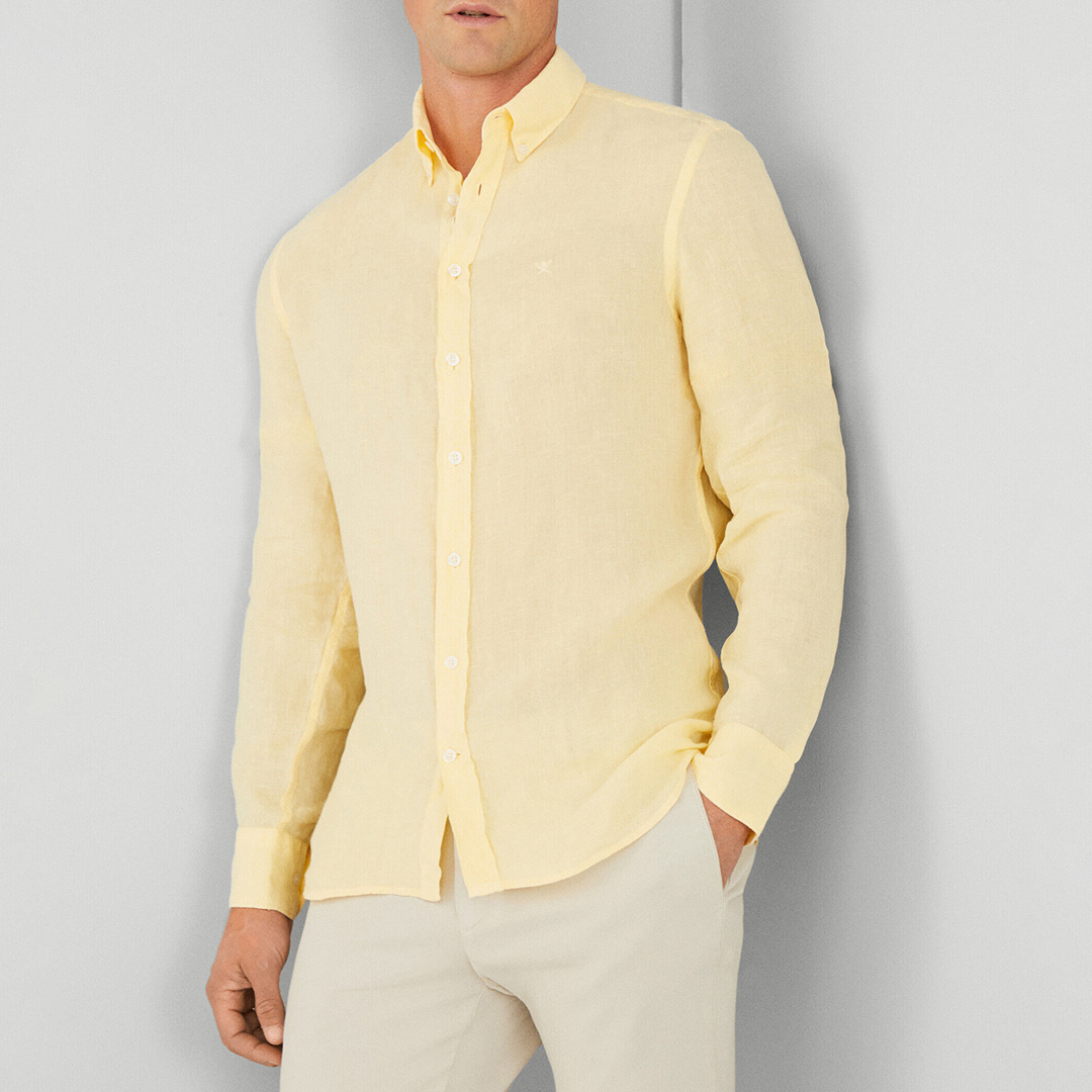 Yellow Long Sleeve Slim Fit Linen Shirt