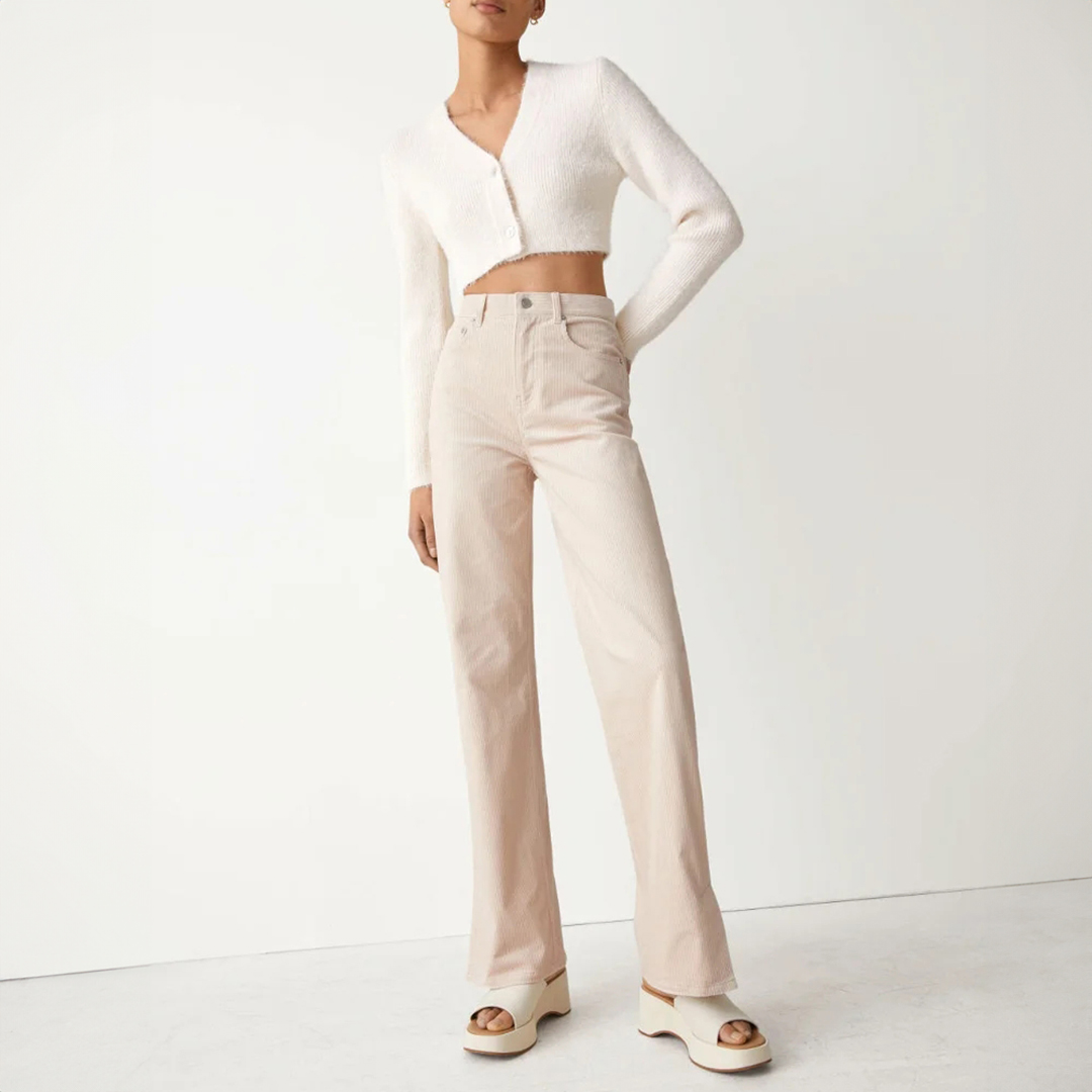 Beige Page Cord Cotton Blend Trousers