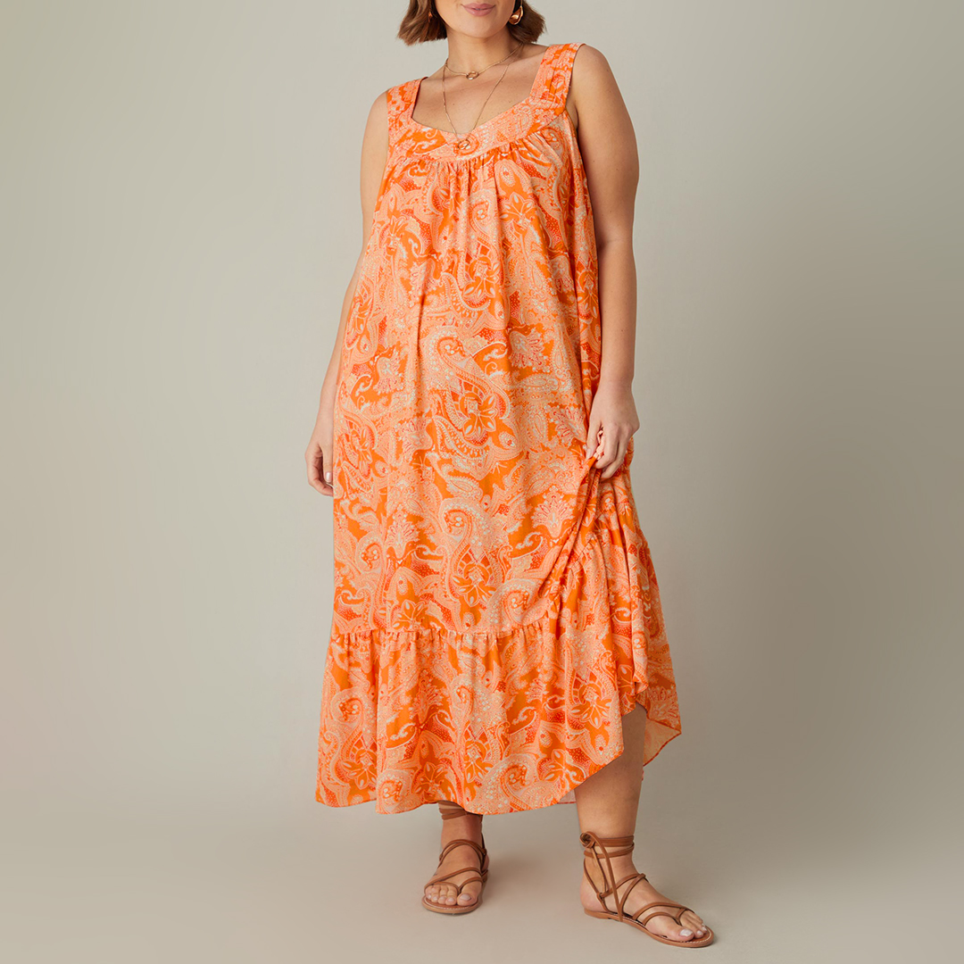 Orange Paisley Tiered Midaxi Dress