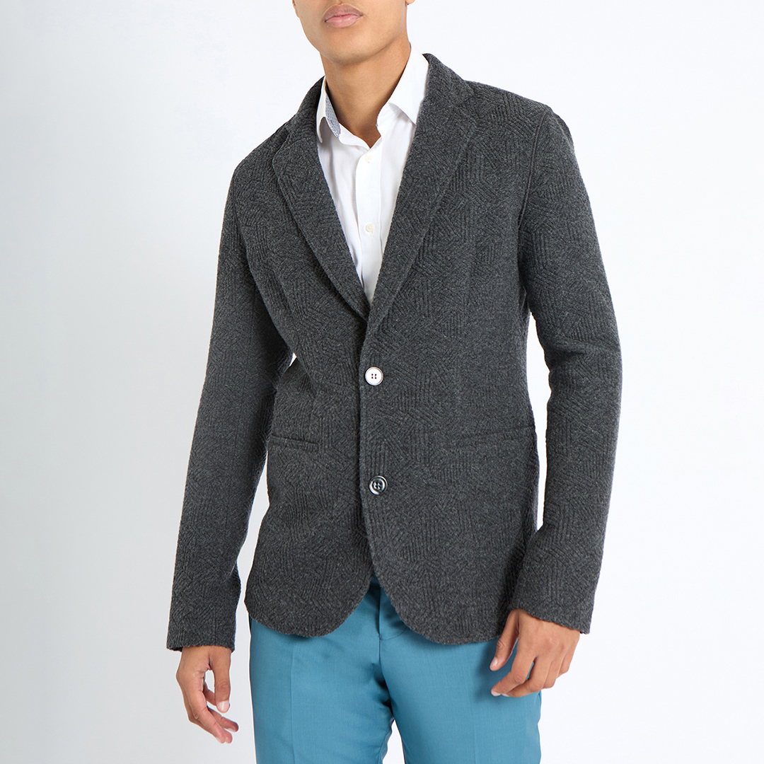 Grey Herringbone Wool Blend Blazer