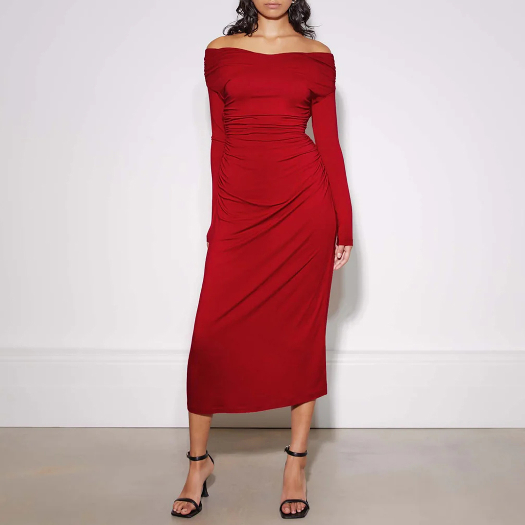 Red Ruched Midi Dress