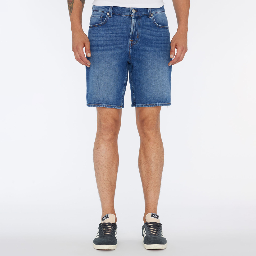 Mid Blue Straight Stretch Denim Shorts