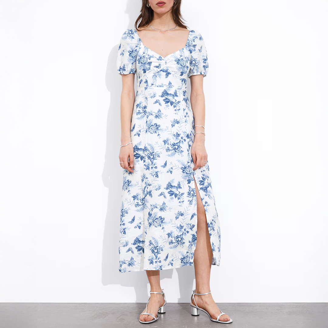 White/Blue Printed Sweetheart Midi Dress