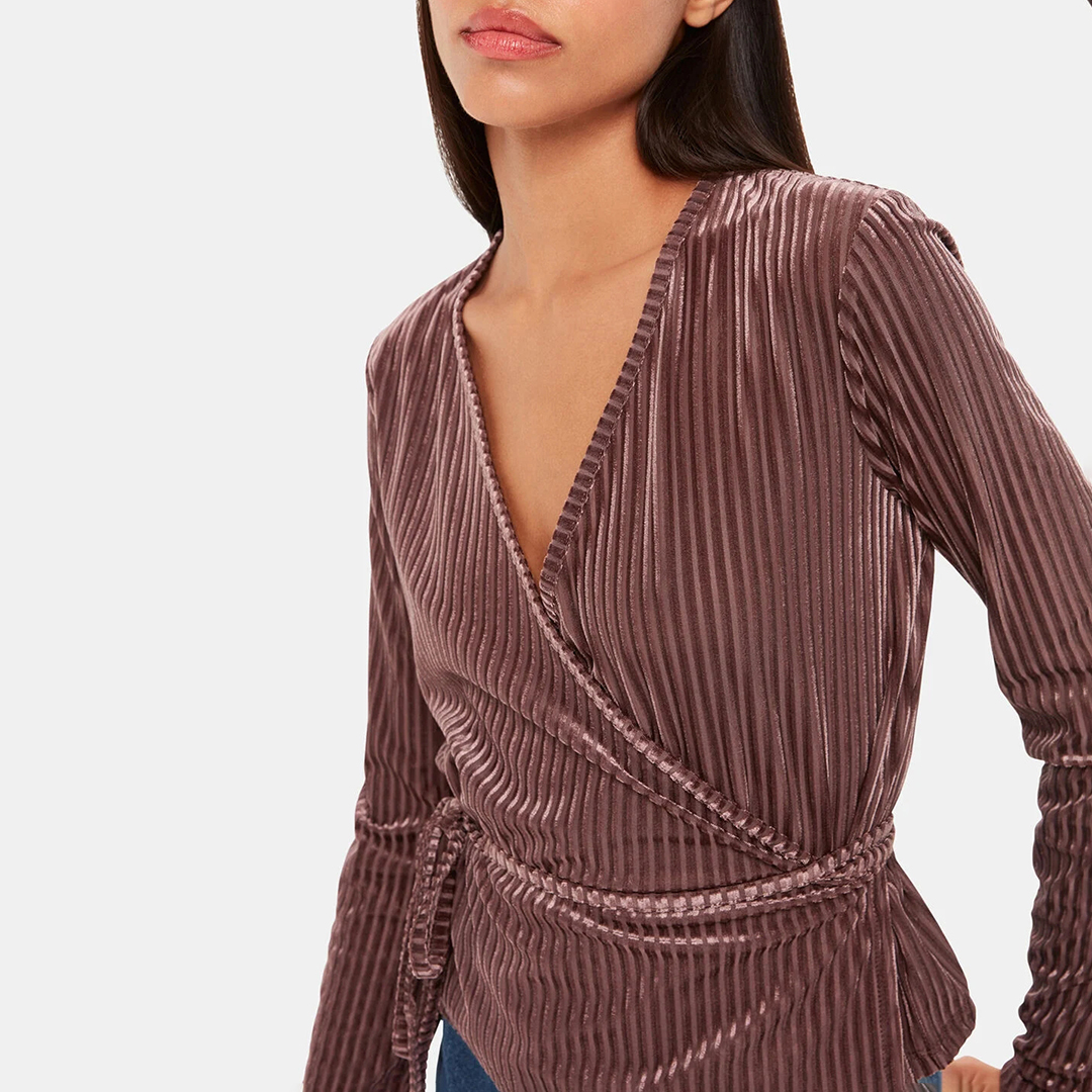 Brown Velvet Stripe Wrap Top