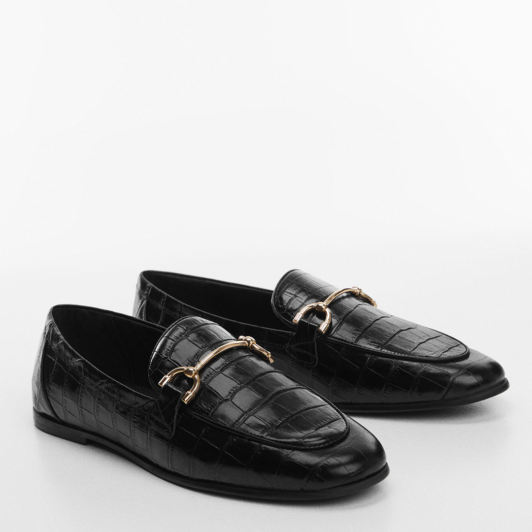 Black Leather Croc Horsebit Loafers