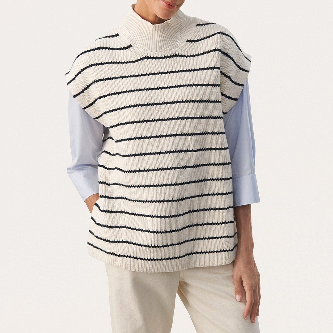 Cream Striped High Neck Knit Jumper