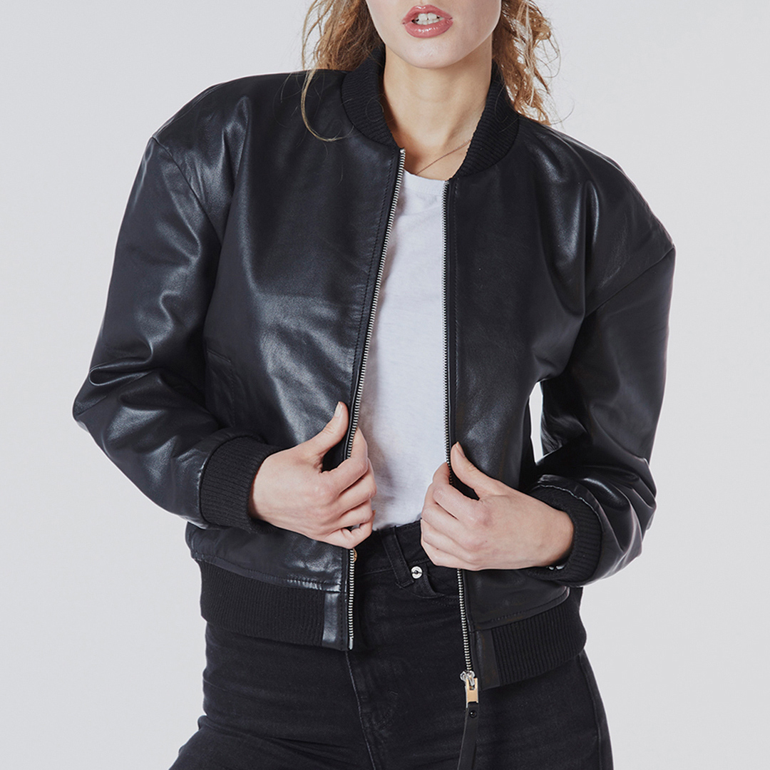 Black Cropped Leather Bomber Jacket