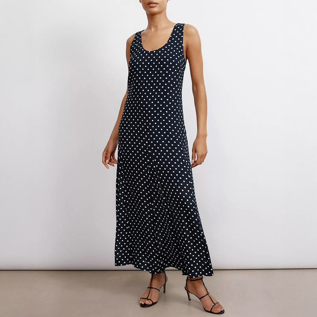 Navy Spot Godet Maxi Dress