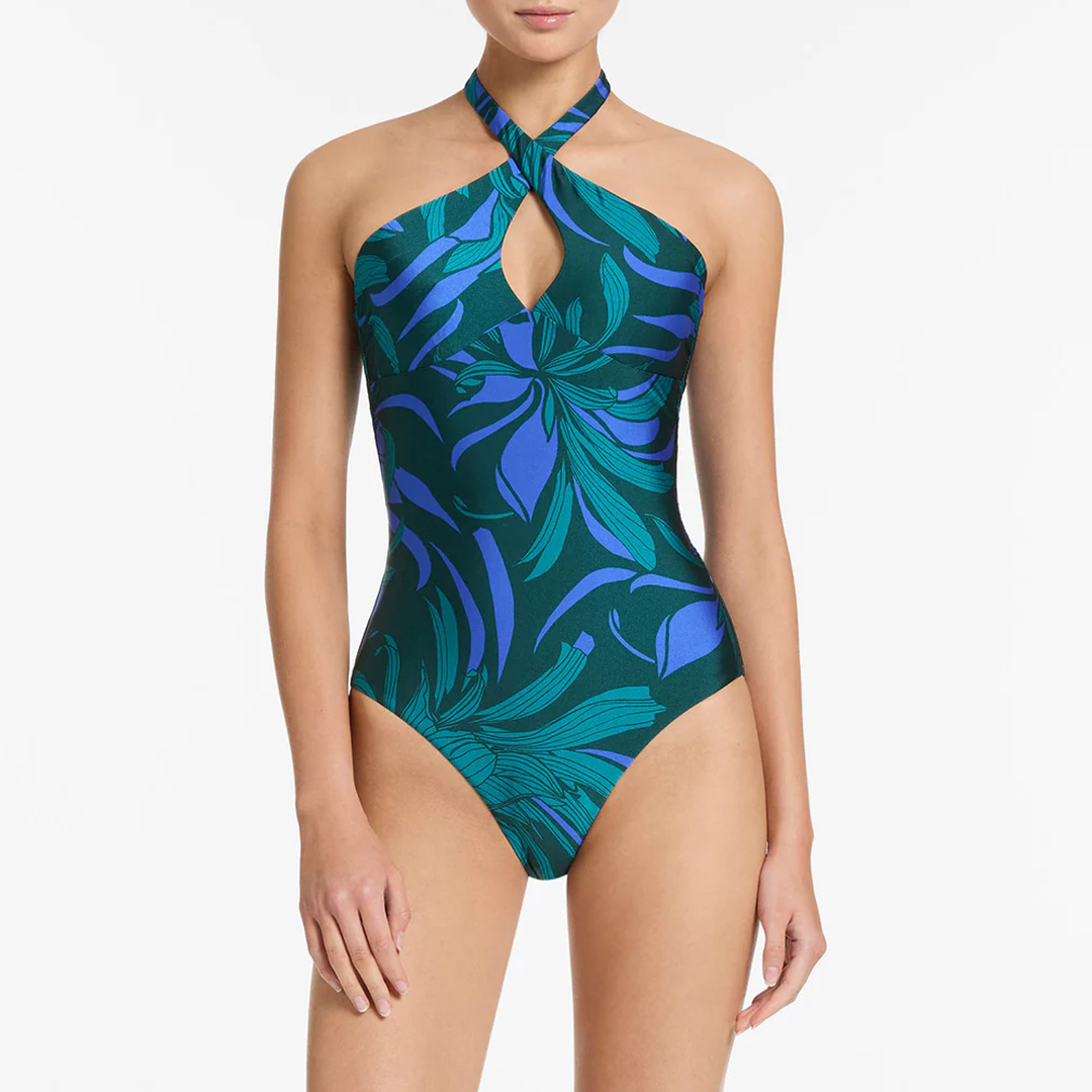 Blue Multi Queenofthenight Cross Over Halter One Piece Swimsuit