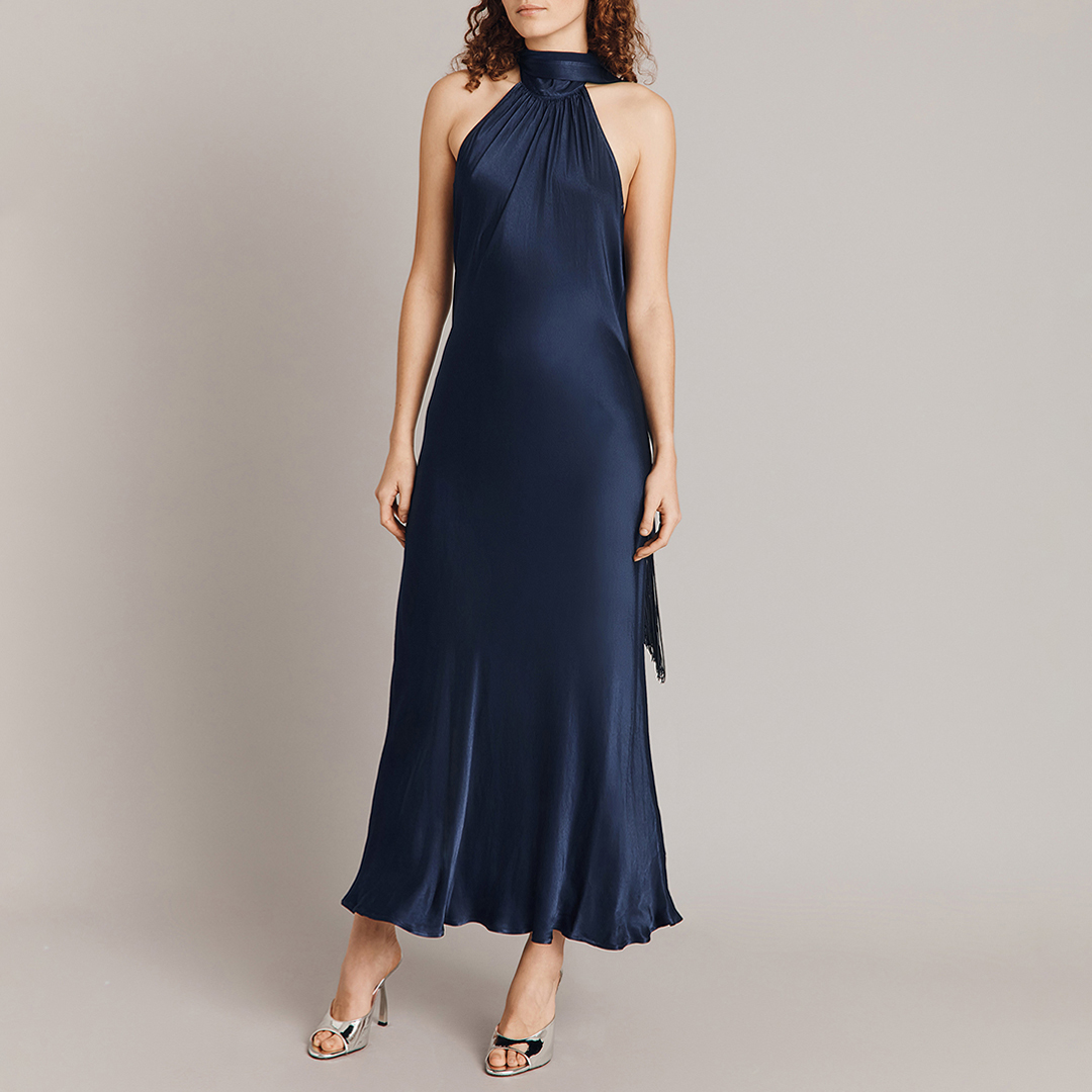 Navy Backless Halterneck Maxi Dress