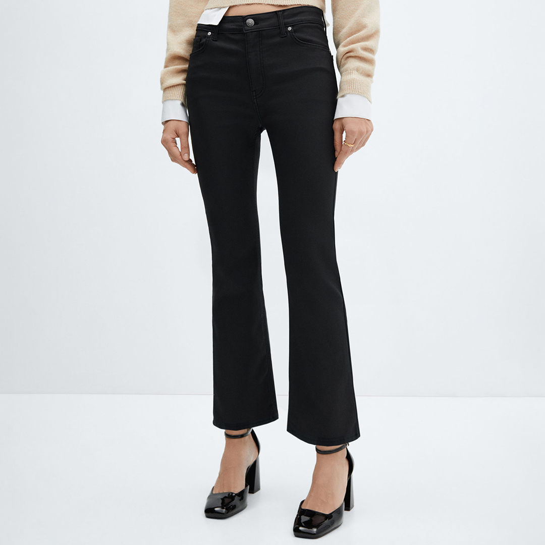 Black Waxed Flared Crop Jeans