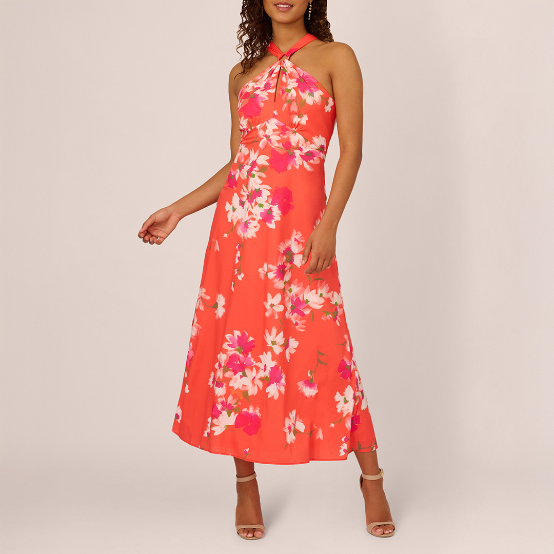 Peach Printed Halter Chiffon Dress