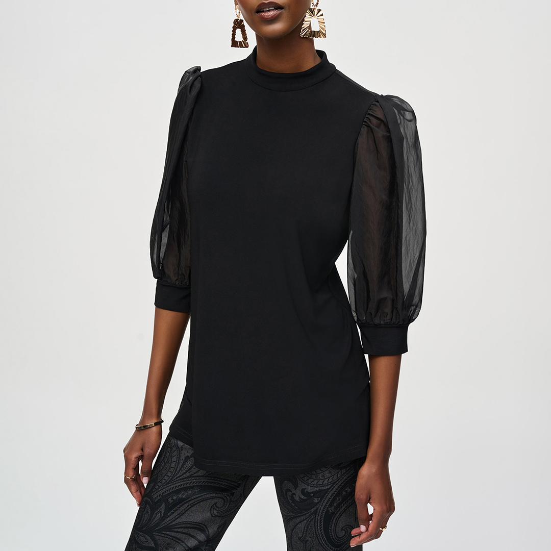 Black Mock Neck Contrast Sleeve Top