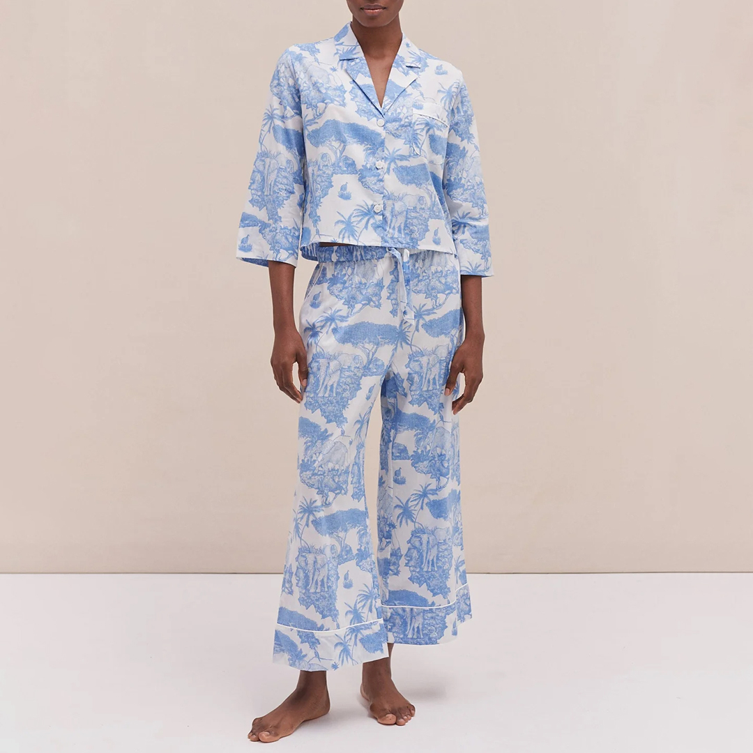 Boxy Shirt and Wide Leg Trouser Set Loxodonta Print Blue