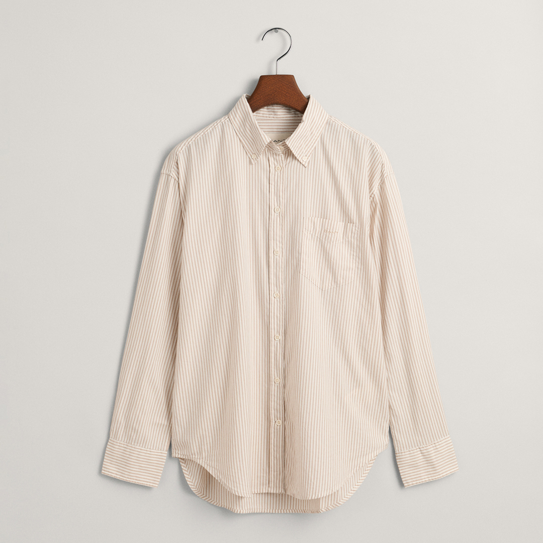 Beige Oxford Striped Button Down Cotton Shirt