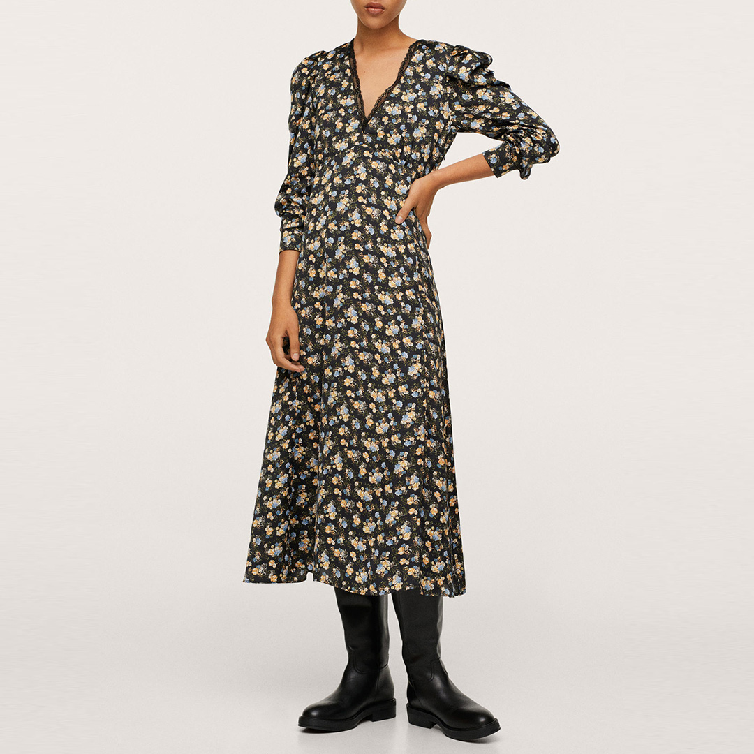 Robe Midi Noire Imprimée À Fleurs