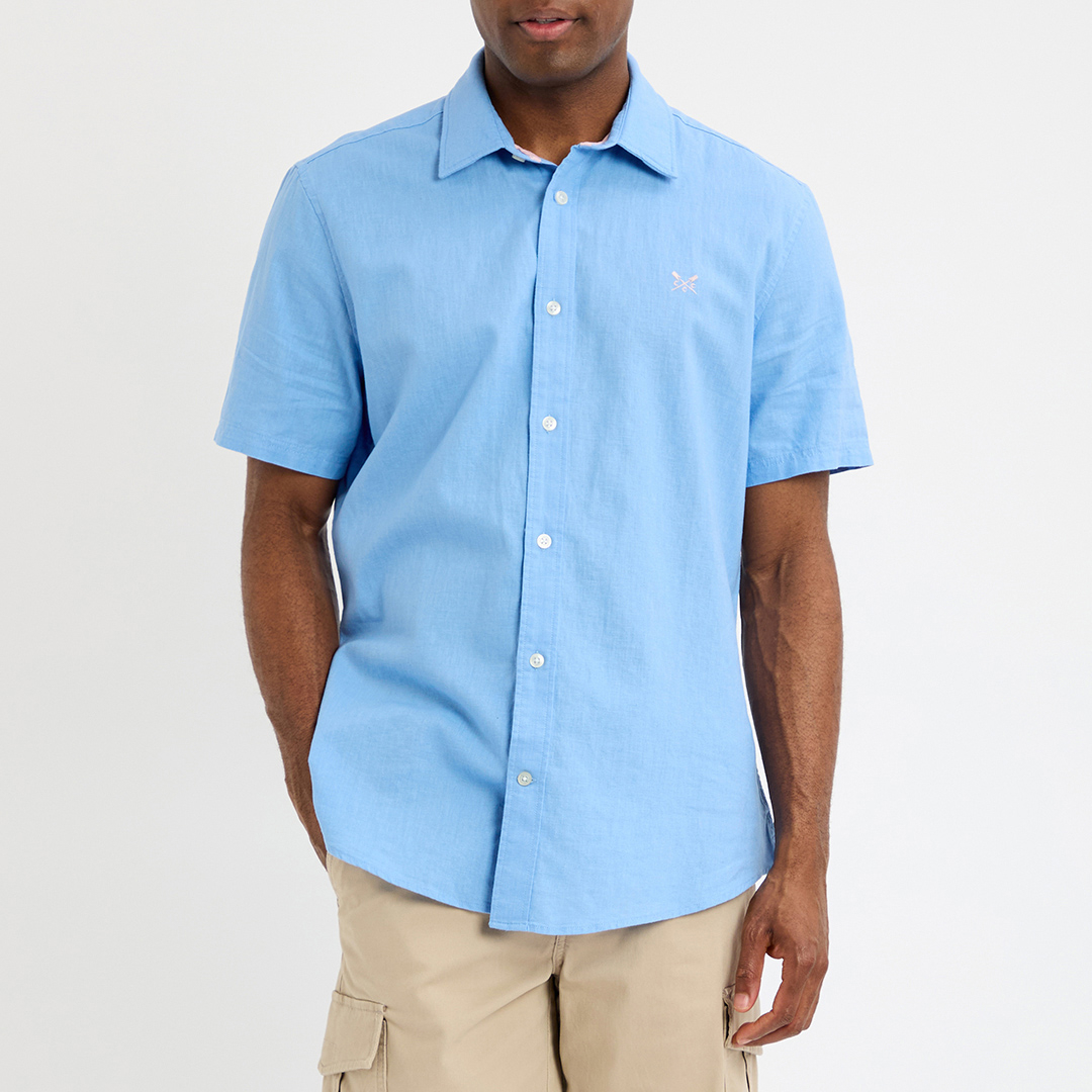 Blue Linen Blend Short Sleeve Shirt