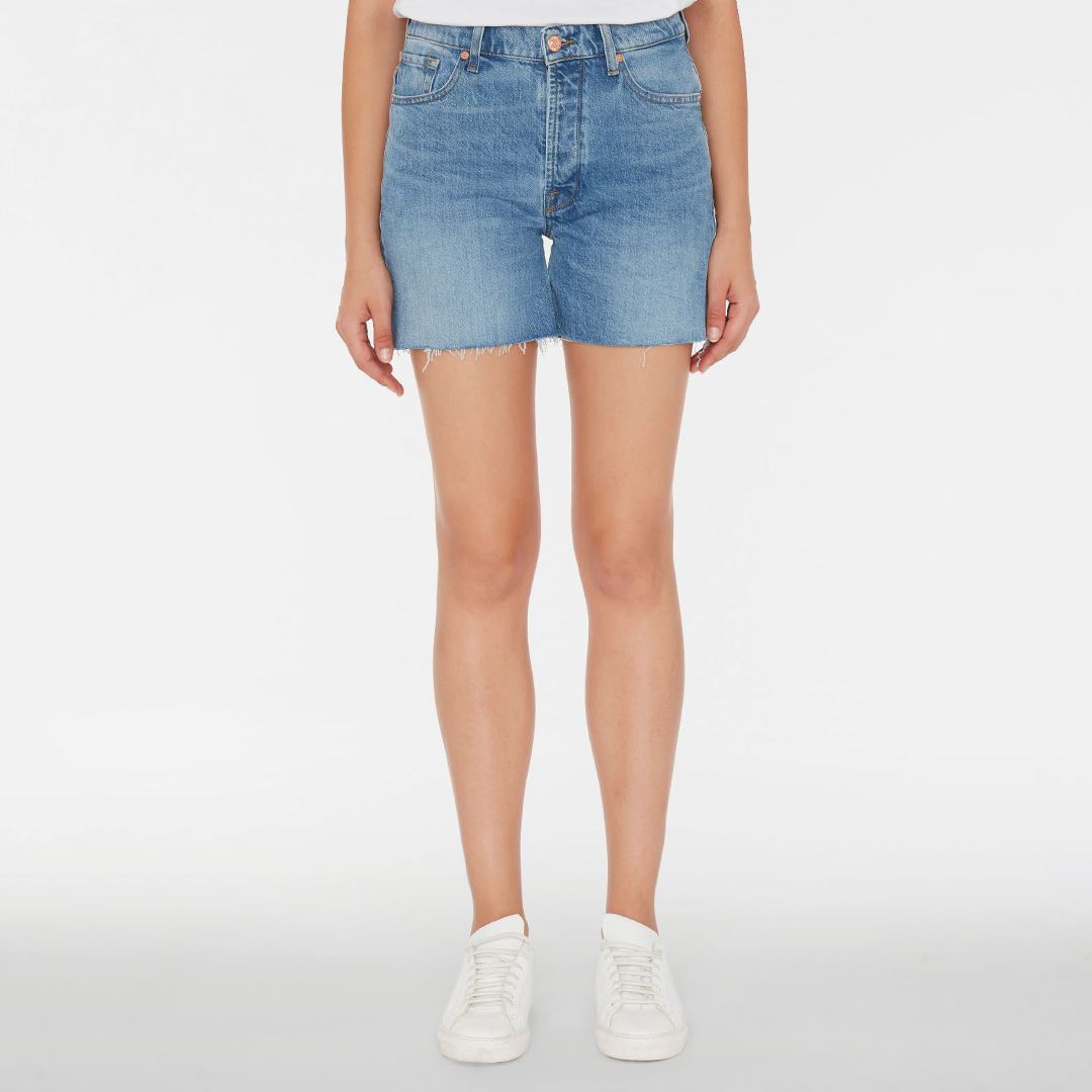 Mid Blue Billie Raw Cut Denim Stretch Shorts