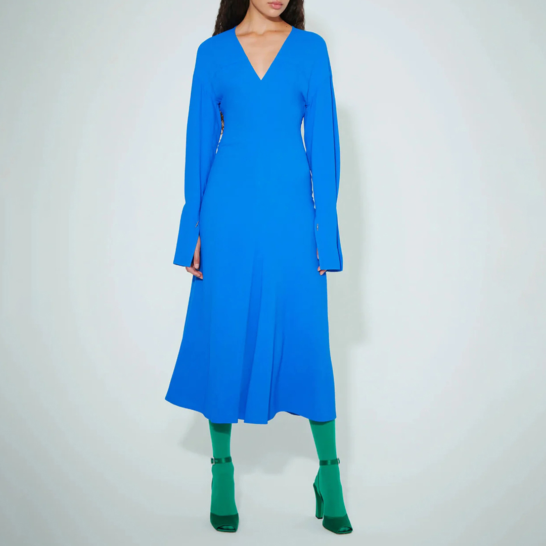 Robe Midi Évasée À Col En V Bleu Vif