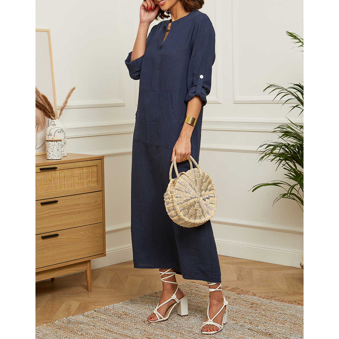 Navy Front Pocket Linen Dress