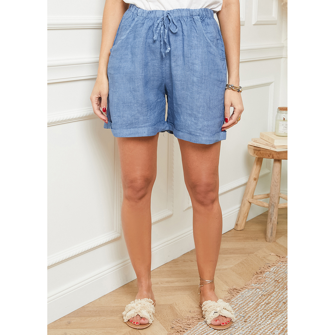 Blue Turn Up Linen Shorts